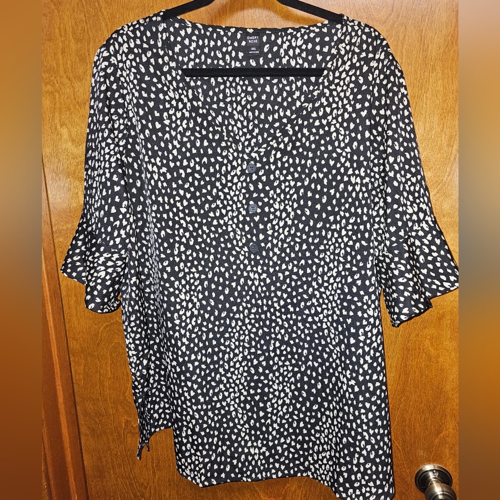 Emery Rose Black Top with White Dotted Motif - New Without tags - Bell Sleeves